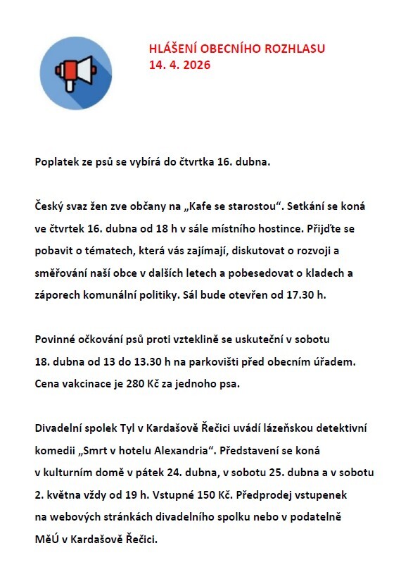 Hlášení obecního rozhlasu 14. 4. 2026