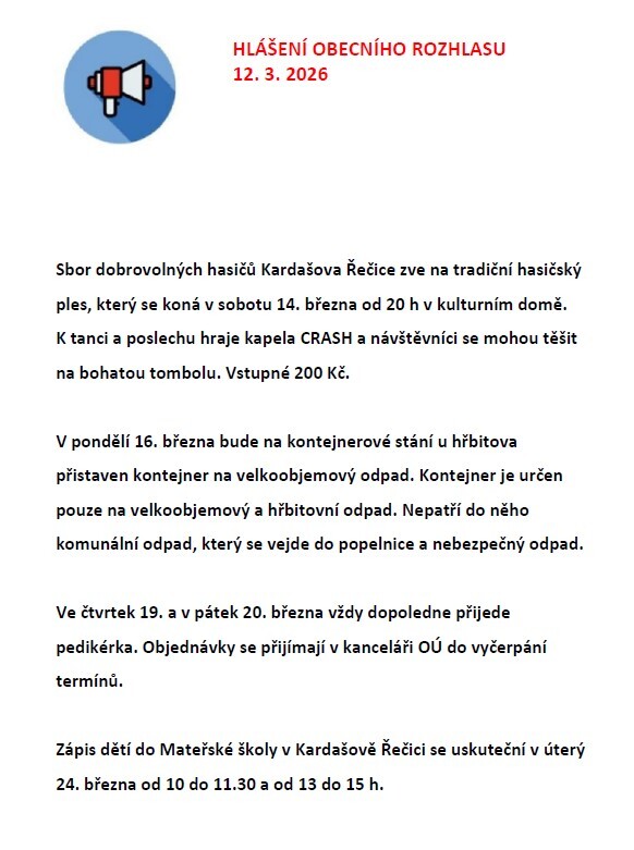 Hlášení obecního rozhlasu 12. 3. 2026