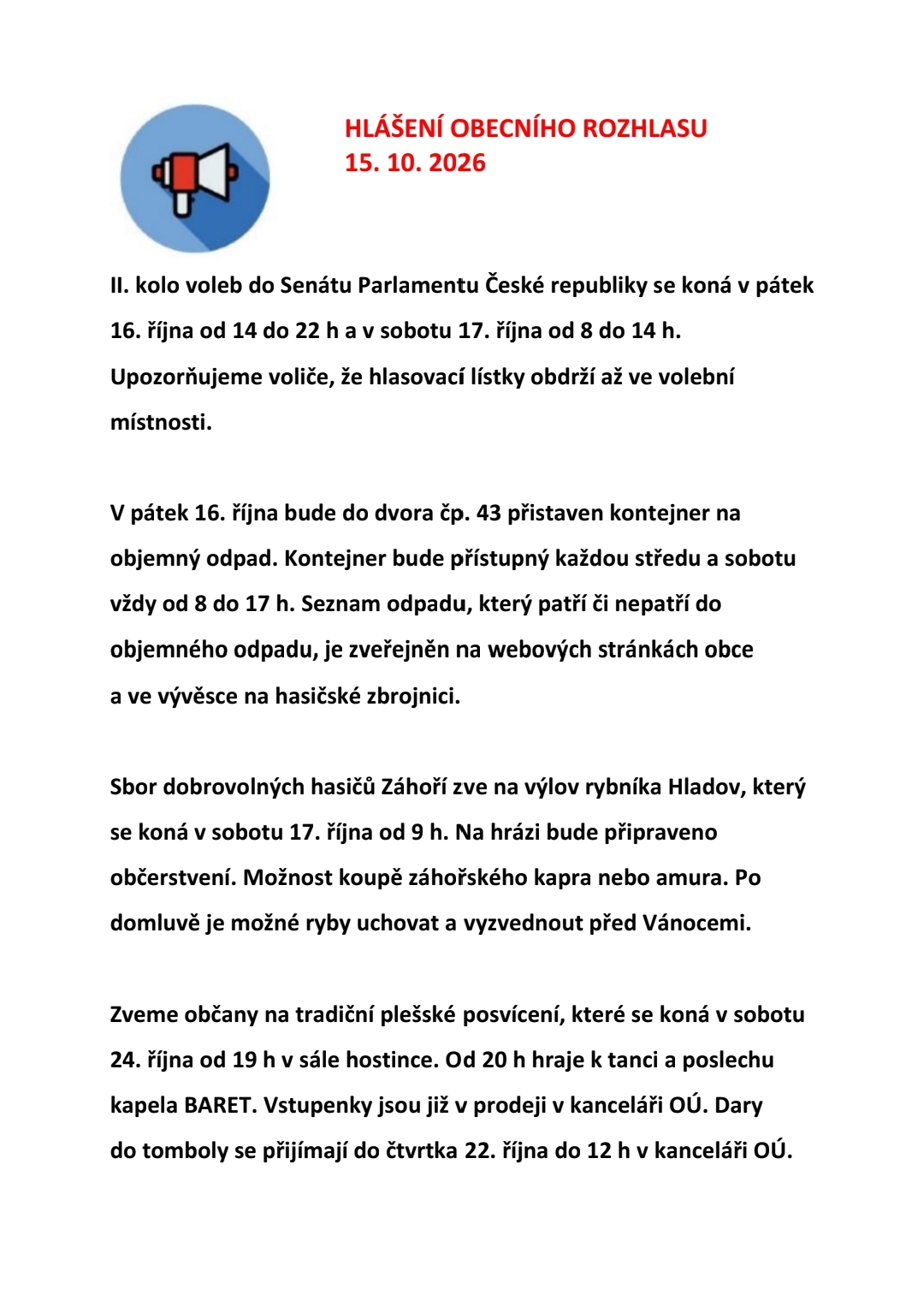 Hlášení obecního rozhlasu 15. 10. 2026 