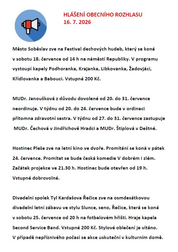Hlášení obecního rozhlasu 16. 7. 2026