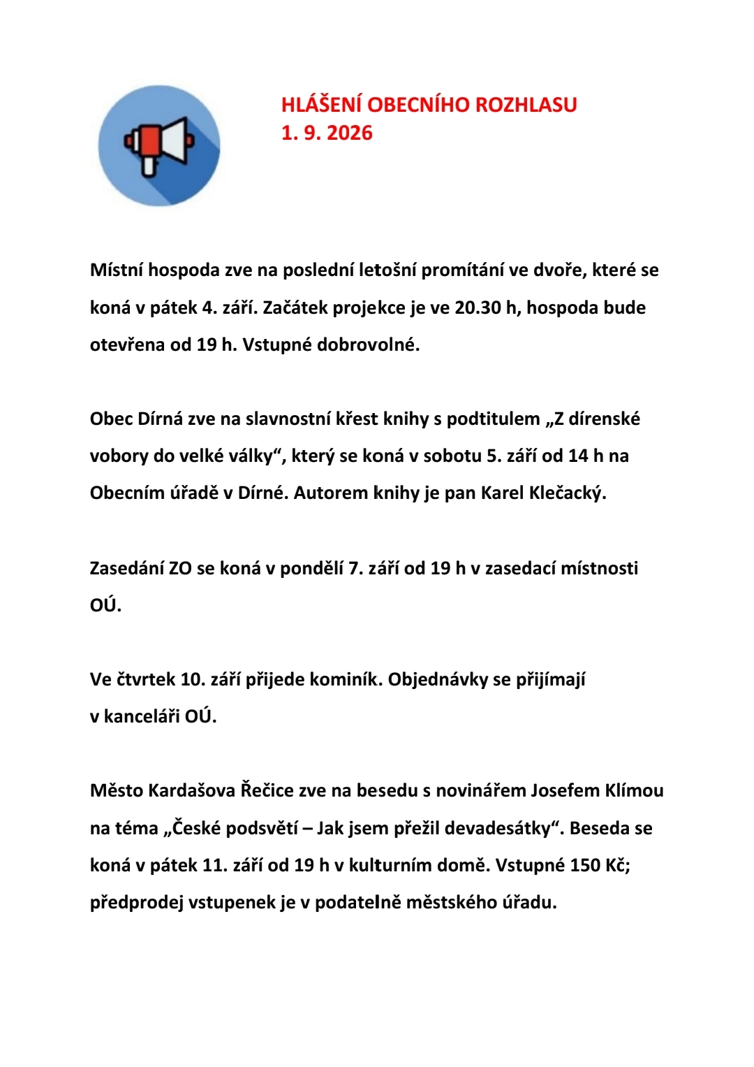 Hlášení obecního rozhlasu 1. 9. 2026