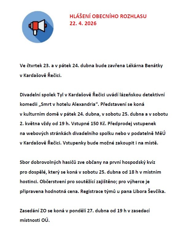 Hlášení obecního rozhlasu 22. 4. 2026