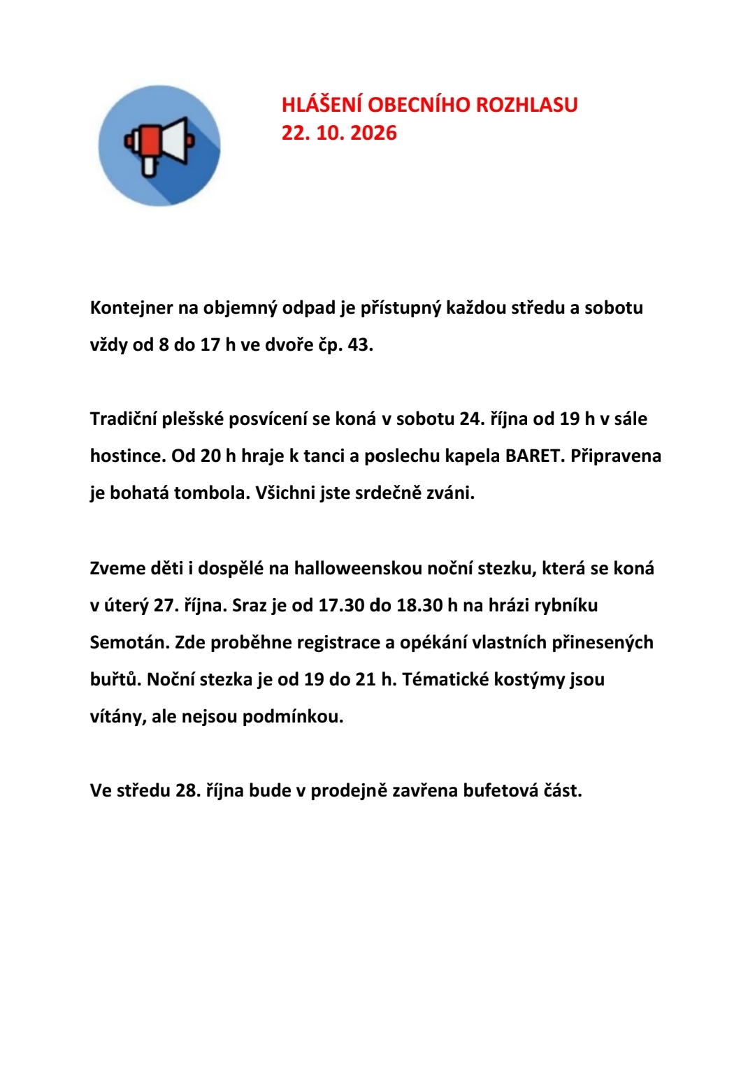 Hlášení obecního rozhlasu 22. 10. 2026