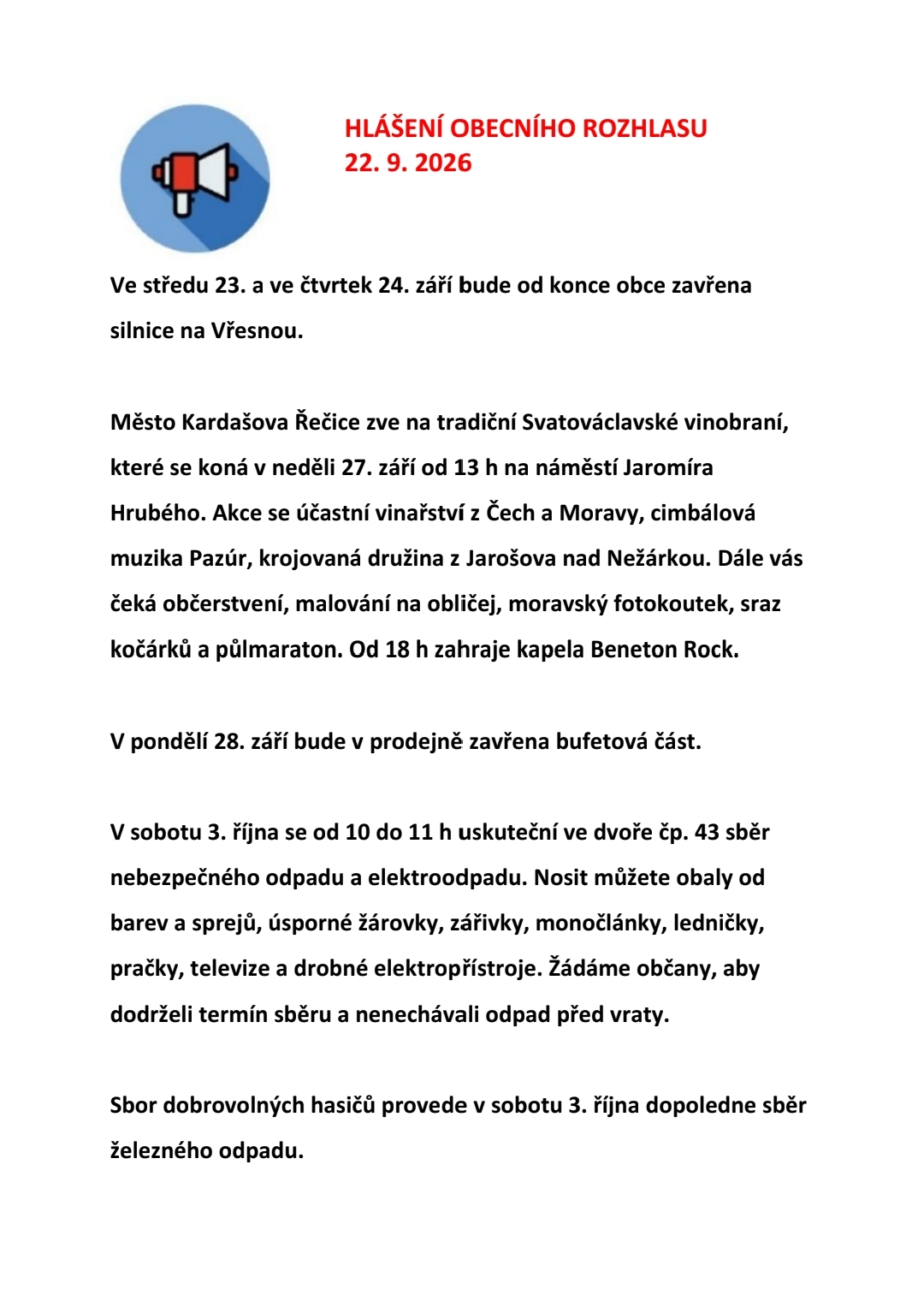 Hlášení obecního rozhlasu 22. 9. 2026