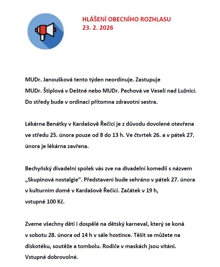 Hlášení obecního rozhlasu 23. 2. 2026