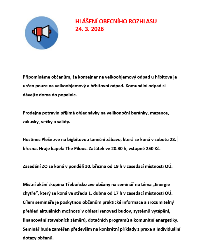 Hlášení obecního rozhlasu 24. 3. 2026