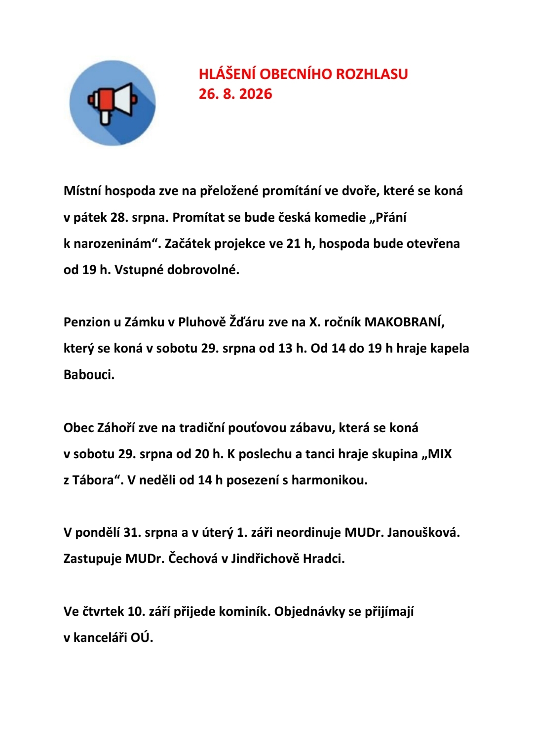 Hlášení obecního rozhlasu 26. 8. 2026