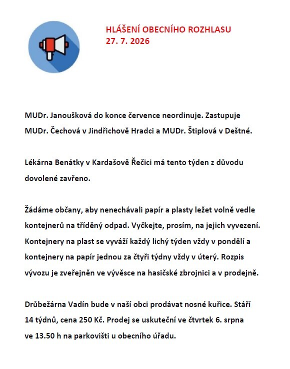 Hlášení obecního rozhlasu 27. 7. 2026