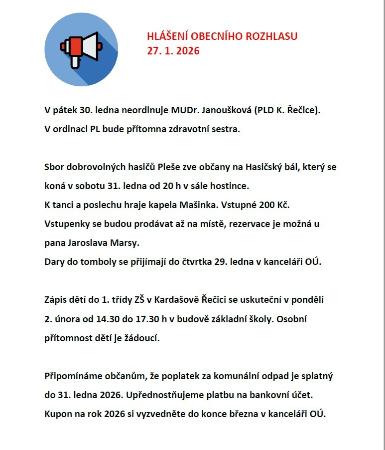 Hlášení obecního rozhlasu 27. 1. 2026