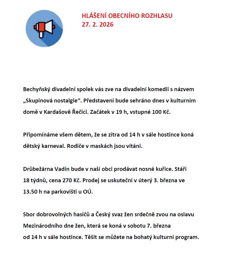Hlášení obecního rozhlasu 27. 2. 2026