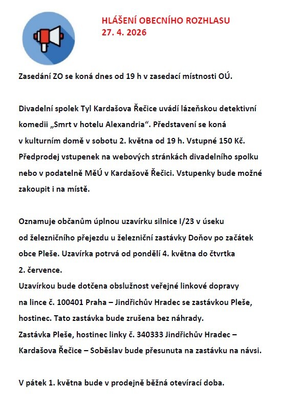 Hlášení obecního rozhlasu 27. 4. 2026 