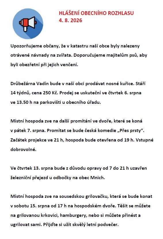 Hlášení obecního rozhlasu 4. 8. 2026