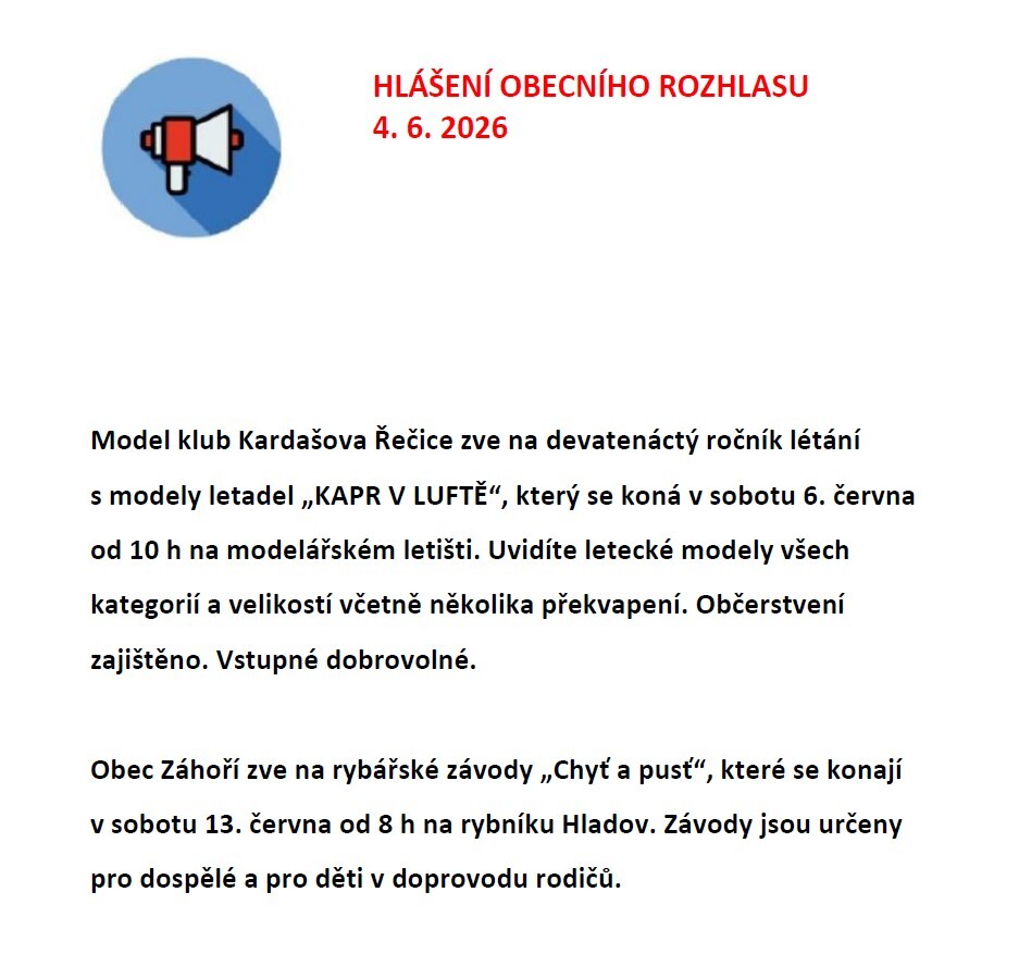 Hlášení obecního rozhlasu 4. 6. 2026 