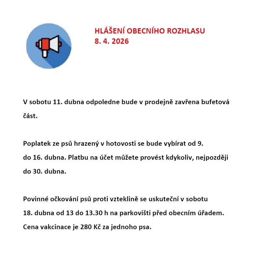 Hlášení obecního rozhlasu 8. 4. 2026