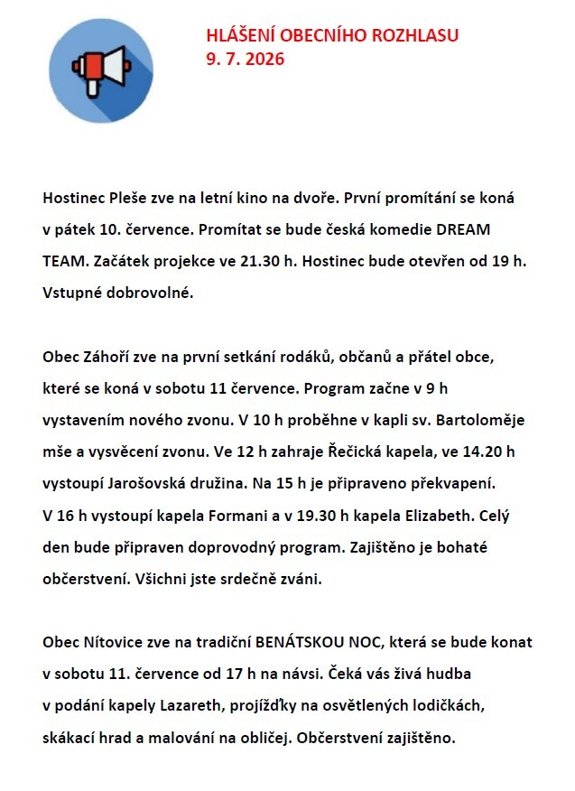 Hlášení obecního rozhlasu 9. 7. 2026